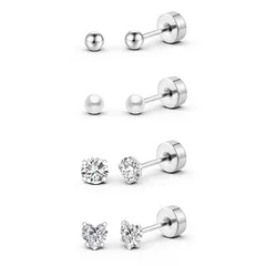 【新品】 [Turandoss]サージカルステンレス ピアス つけっぱなし 軟骨ピアス 金属アレルギー対応 4ペア/1セット レディース メンズ シンプル ジルコニア ボール 可愛い 淡水パール ネジ式 スタッドピアス 1