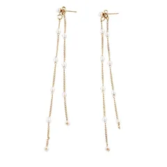 【新品】 ピアス ロングチェーン 二連 パールビーズ ゴールド シルバー 垂れ下がり 2way 揺れる トレンド アクセサリー (ゴールド) 0
