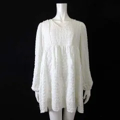 チュニック ワンピース フレア ふくれ ジャガード 花柄 レース 切替 シアー シフォン ギャザー ボリュームスリーブ 長袖 M オフ白