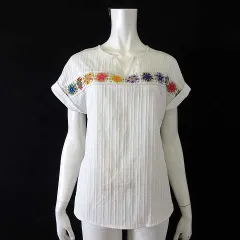 ブラウス プルオーバー 花柄 刺繍 透かし編み 切替 ストライプ キーネック ロールアップ袖 半袖 S オフ白 マルチカラー