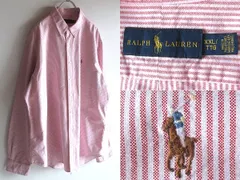 ビッグサイズ RALPH LAUREN ラルフローレン ポロポニーロゴ刺繍 オックスフォード ストライプシャツ BDシャツ XXL/TTG 赤 白 USA企画