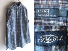 希少 00sビンテージ Polo by Ralph Lauren ラルフローレン ロゴピスネーム リネンコットン チェックシャツ ワークシャツ S ブルー USA企画