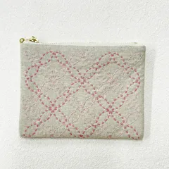 ミニポーチ【七宝つなぎ ピンク系】刺し子・綿麻・帆布