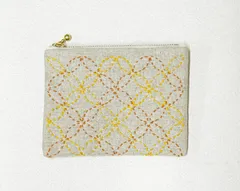 ミニポーチ【七宝つなぎ オレンジ系】刺し子・綿麻・帆布