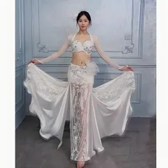 新品 未使用 競技用 練習用  ベリーダンス オリエンタル衣装 羽根 セットアップ ホワイト オーダーメイド レッスンウェア