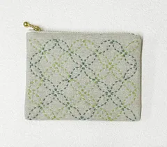 ミニポーチ【七宝つなぎ 緑系】刺し子・綿麻・帆布