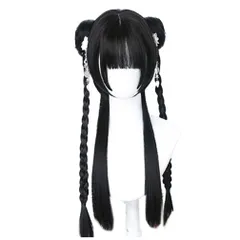 黒 ロング かつら お下げ カツラ お団子ヘア 耐熱 変装用ウィッグ 姫カット リボン セット コスチューム小物 パーティー ロリータ お祭り GAL系 イベント cosplay 原宿風 wig ウィッグ (ロングウィッグ＋ツインテール)