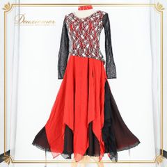 Leirena 社交ダンス 衣装 モダンドレス レース 光沢 ラメ 赤黒 - メルカリ