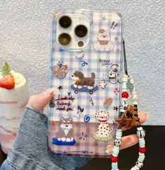 かわいいチェック柄 小犬 落書き風 iPhoneケース チェーン付き スマホケース iPhone17ProMax / 16Pro / 15 / 14 / 13対応