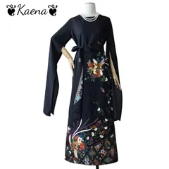 着物リメイク ロング袖スリットワンピース  黒留袖 Aライン マキシ丈ドレス 鳳凰花文 金箔  ブラック 黒