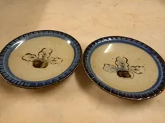 和食器 手描き豆皿 2枚セット 青縁×花模様