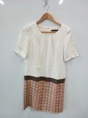 ピ718●QUEENS COURT●クイーンズ コート●ワンピース●半袖●ひざ丈●ドッキング●幾何学模様●飾りボタン●レディース●size 1●白×茶×赤×ベージュ