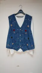 新品) ヴィンテージ デニム 花 刺繍 ベスト ㅡ XL