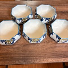 龍峰窯 緑彩金欄手 八角皿 5枚 八角形の陶磁器皿 取り皿 レトロ