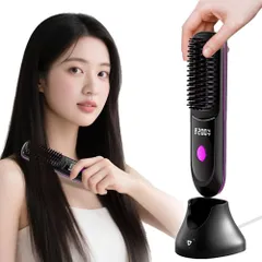 ストレートアイロン ヒートブラシ コードレス ブラシ型ストレートブラシ マイナスイオンコードレスヘアアイロンストレート＆カール両用静電気防止 簡単 電熱ヘアブラシ 2way Type-C 充電式 160?200℃ 3段階温度調整 LEDパネル 前髪 急速加熱a