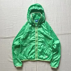 希少　archive　adidas　アディダス　濃淡グリーン　収納可能フード　ナイロン系　シェルジャケット　トラックジャケット　光沢感　パンチングロゴライン　裾トレフォイルロゴ　短丈　ジップポケット　ギミック　Sサイズ　Y2K　平成レトロ　ストリート　テック系