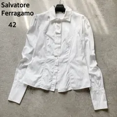 サルヴァトーレフェラガモ Salvatore Ferragamo イタリア製 コットンシャツ ブラウス パフスリーブ ウエストシェイプ フリル 比翼仕立て 長袖 白 ホワイト サイズ42 M相当 オフィス フォーマル お呼ばれ セレモニー お出かけ 良品