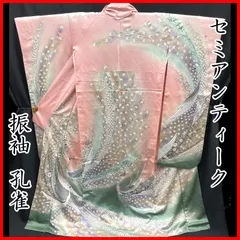 604aa19◇セミアンティーク着物 振袖  折り鶴 金駒刺繍 レトロモダン 昭和レトロ 和洋MIX◇状態良好