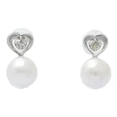 美品 1点モノ 6.5mm アコヤ真珠 パール ダイヤモンド ハートモチーフ ピアス K10WG/416-1.7g ホワイトゴールド 【♀】【A】【レディース】★■607712【中古】