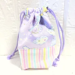ハンドメイドコップ袋☆紫ユニコーン×カラフルストライプ☆18×15