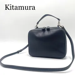 Kitamura キタムラ　2way ショルダーバッグ　ハンドバッグ　スクエア　ボックス型　グリーンステッチ　ネイビー　紺