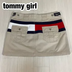 【良好】tommy girl トミーガール フラッグ ミニスカート チノ生地 M ベージュ 切り替えし配色 刺繍ロゴ 丈33cm ウエスト77cm 裾幅49cm【古着】