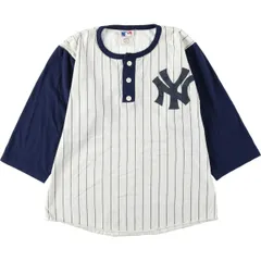 古着 90年代 MLB NEW YORK YANKEES ニューヨークヤンキース ストライプ柄 ヘンリーネック 七分袖 ロゴプリントTシャツ USA製/eaa630902