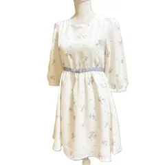 【新品】LODISPOTTO ロディスポット 花柄 フレアワンピース 2 M オフホワイト リボン 7分袖 レディース