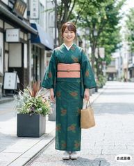 ロング寸裄69 身丈165☆正絹 絹芭蕉 清涼水色系グラデ 笹竹柄 夏着物 