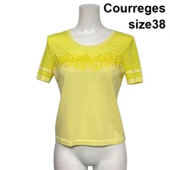 ◇ クレージュ Courreges ニットプルオーバー 半袖 ラウンドネック 花柄刺繍 ボーダー シアー 黄色 コットン混 38 M 9号 レディース S6D168