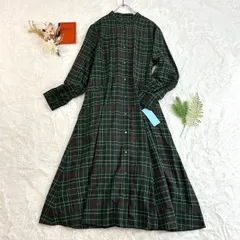 新品 未使用 組曲 KUMIKYOKU オンワード樫山 定価23,100円 長袖 シャツワンピース フレア シアーツイルチェック バンドカラー グリーン系 タグ付き レディース 15 大きいサイズ