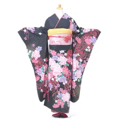 振袖フルセット 6点セット 化繊 モダン 黒花模様 【振袖・袋帯・帯締め・帯揚げ・重衿・長襦袢】 _ 成人式 はたちのつどい 二十歳 晴れ着 振り袖 高級 前撮り sp019