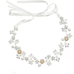 【新着商品】髪飾り 花 パール 花かんむり リボン ホワイト ヘッドドレス クリスタルビーズ 花冠 ヘアアクセサリー 結婚式 披露宴 発表会 卒業式 パーティー ダンス 和装 写真 撮影 子供 大人用 （ゴールド）