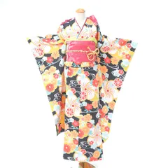 振袖フルセット 7点セット 化繊 モダン 黒花模様 【振袖・袋帯・帯締め・帯揚げ・重衿・長襦袢】 _ 成人式 はたちのつどい 二十歳 晴れ着 振り袖 高級 前撮り sp020
