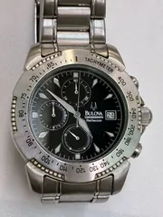 N 処分価格【ジャンク品】BULOVA ブローバ 腕時計 メンズ 黒 ブラック デイデイト ロゴ ヴィンテージ レーシングクロノのサムネイル