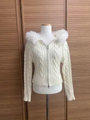 フードファー ケーブル編み ニット ジップアップ カーディガン