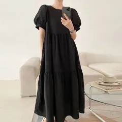 ワンピース ロングワンピース マキシ丈 ロング丈 半袖 パフスリーブ バルーン袖 ゆったり 体型カバー 着痩せ シンプル カジュアル 薄手 レディース 夏 ルームウェア