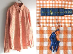 RALPH LAUREN ラルフローレン ポロポニーロゴ刺繍 ギンガムチェックシャツ BDシャツ M オレンジ ホワイト RN41381 USA企画