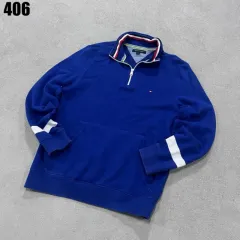 トミーヒルフィガー ブルー ハーフジップアップ スウェット