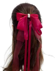 RENASYS バレッタ 大きめリボン 髪飾り オーガンジー サテン 光沢 きれいめコーデ ゴスロリ ロリータ風 ヘアアクセサリー (ワインレッド)