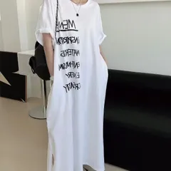ワンピース ロング丈 マキシワンピース Tシャツワンピ 半袖 クルーネック スリット入り 英字プリント カジュアル 体型カバー 着痩せ ゆったり 肌触り 柔らかい 楽ちん 夏 レディース