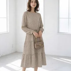 【新品/裏地付き】ベージュ reve bleu チェーン柄 プリント ティアード ワンピース M-L ｜ 長袖 ゆったり レディース きれいめ カジュアル 大人可愛い 体型カバー 春 秋 冬 ロング マキシ