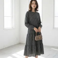 【新品/裏地付き】ブラック reve bleu チェーン柄 プリント ティアード ワンピース M-L ｜ 長袖 ゆったり レディース きれいめ カジュアル 大人可愛い 体型カバー 春 秋 冬 ロング マキシ