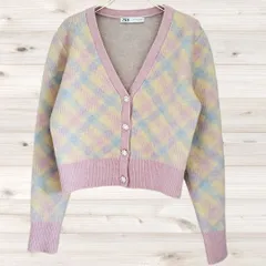 B1953 ザラ ZARA カーディガン 長袖(USA/M) ピンク系 羽織 チェック柄 Vネック ウール アーガイル パステル
