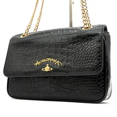美品 Vivienne Westwood ヴィヴィアンウエストウッド アングロマニア チェーンショルダーバッグ クロコ型押し レザー ブラック 黒 ゴールド金具 オーブ スクリプトロゴ 肩掛け 斜め掛け レディース 冠婚葬祭 お呼ばれ 夏コーデ ギフト