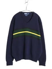 【お得なクーポン配布中!】 90s ポロ ラルフローレン Vネック ボーダー コットン ニット セーター メンズ XL / オールド 長袖ニット ポニー無し 大きいサイズ ネイビー