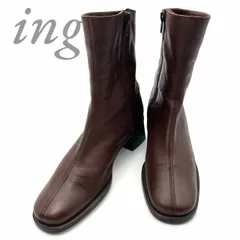 【B5094】 ing イング ショートブーツ レザー ブラウン 日本製 レディース サイドジップ ステッチ チャンキーヒール スクエアトゥ