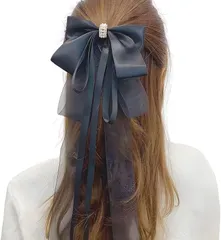 RENASYS バレッタ 大きめリボン 髪飾り オーガンジー サテン 光沢 きれいめコーデ ゴスロリ ロリータ風 ヘアアクセサリー (ブラック)