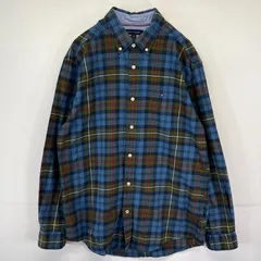 古着 トミーヒルフィガー TOMMY HILFIGER 長袖シャツ ボタンダウン チェック柄 ワンポイントロゴ コットン L  ブルー系 メンズ