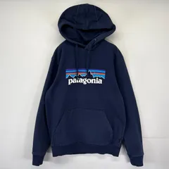 古着 パタゴニア patagonia パーカー スウェット ビッグロゴプリント アウトドア プルオーバー フーディ S  ネイビー系 メンズ